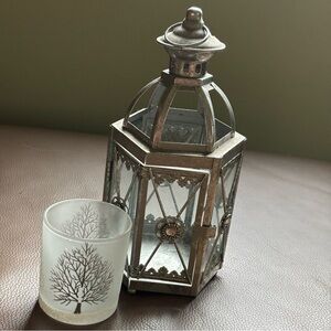 🕯️ Pier 1 Silver Lantern and Frosted Candle Holder Set 🕯️